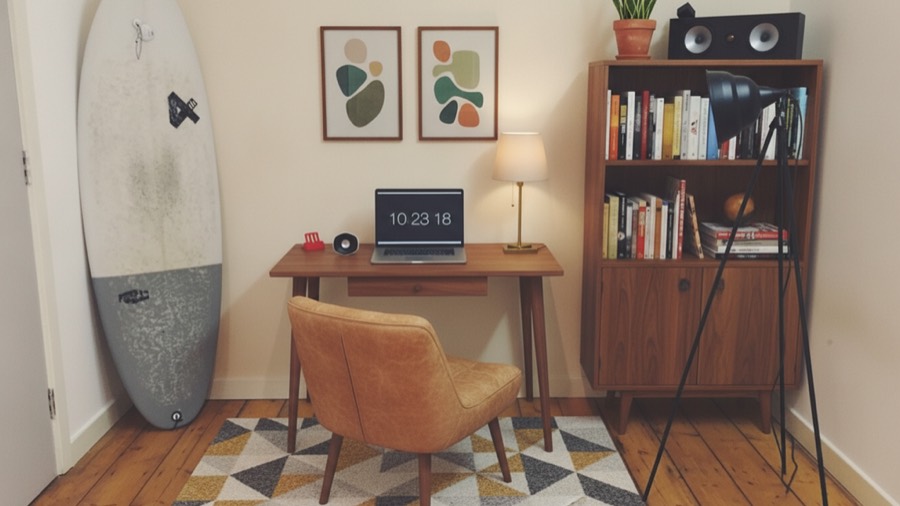The same home office redesigned into a mid-century study with a walnut desk, leather chair and wool rug