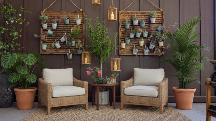The same outdoor redesigned into a tropical patio with teak and rattan, palms and lantern lighting