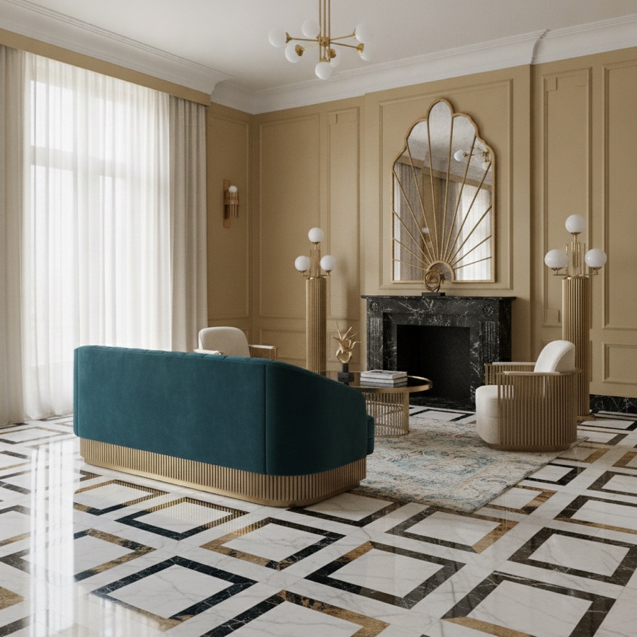 A living room in art deco interior design style