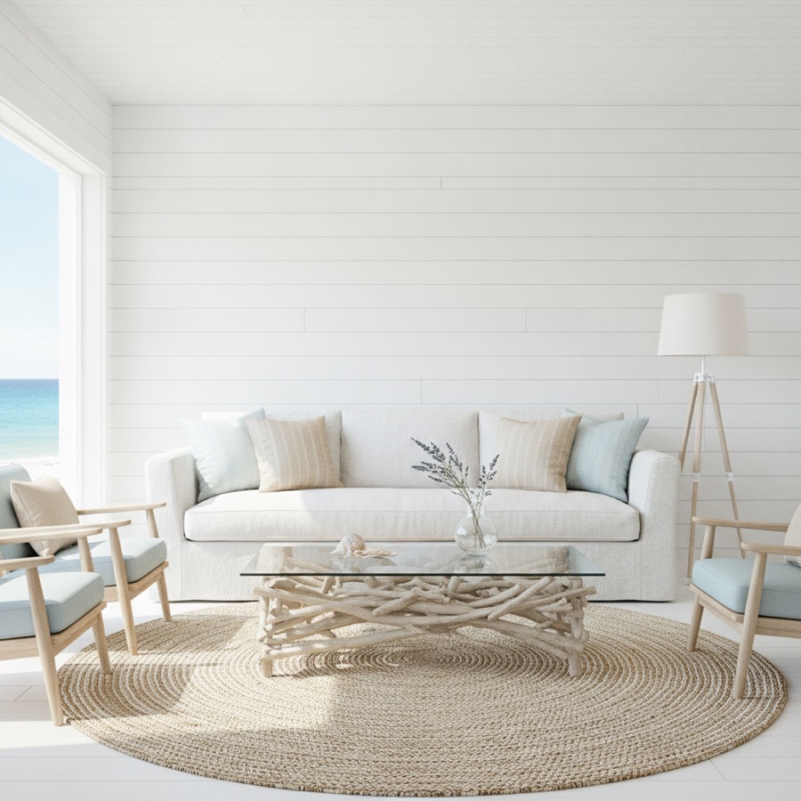 A living room in coastal interior design style