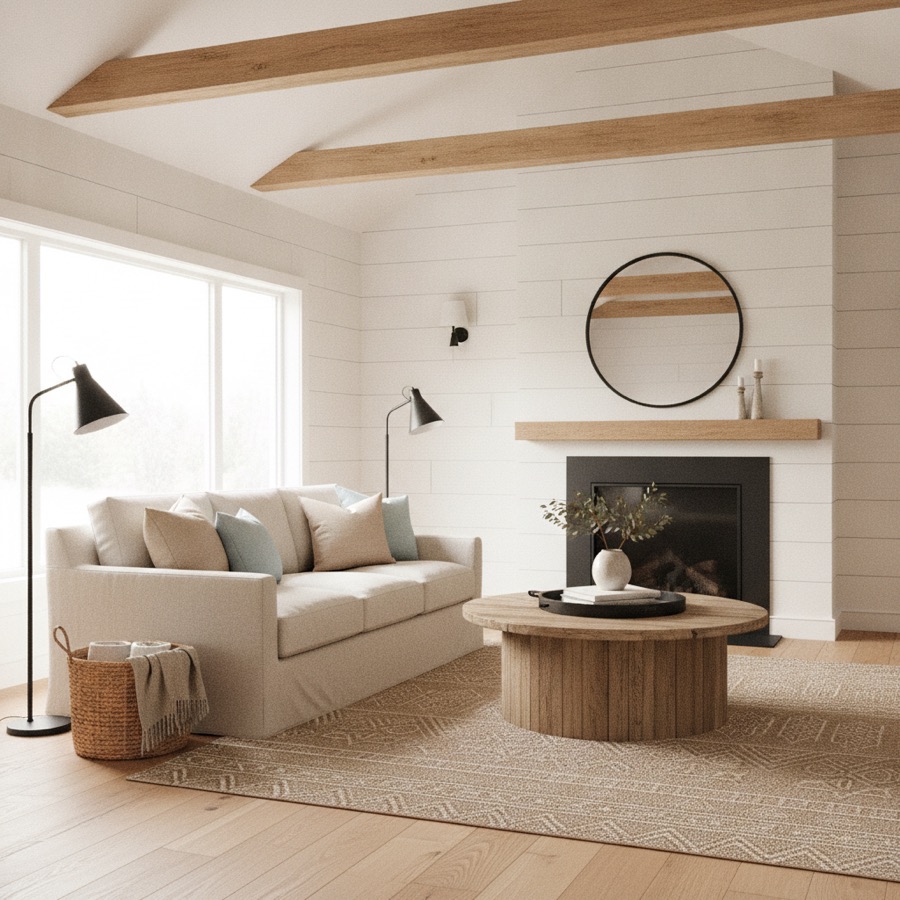A living room in farmhouse interior design style